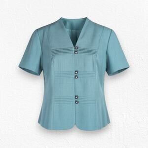 1950s Vintage Teal Black Houndstooth Button Down Fitted Blouse Jacket Size Large